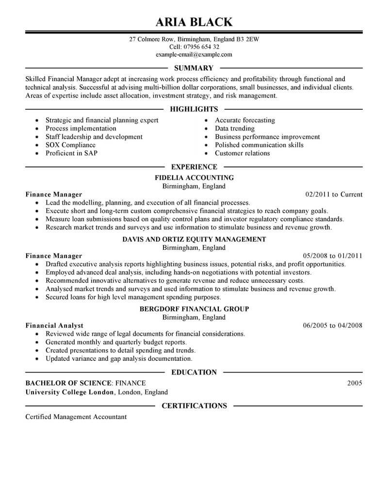 Best Finance Manager Resume Example Livecareer throughout dimensions 800 X 1035