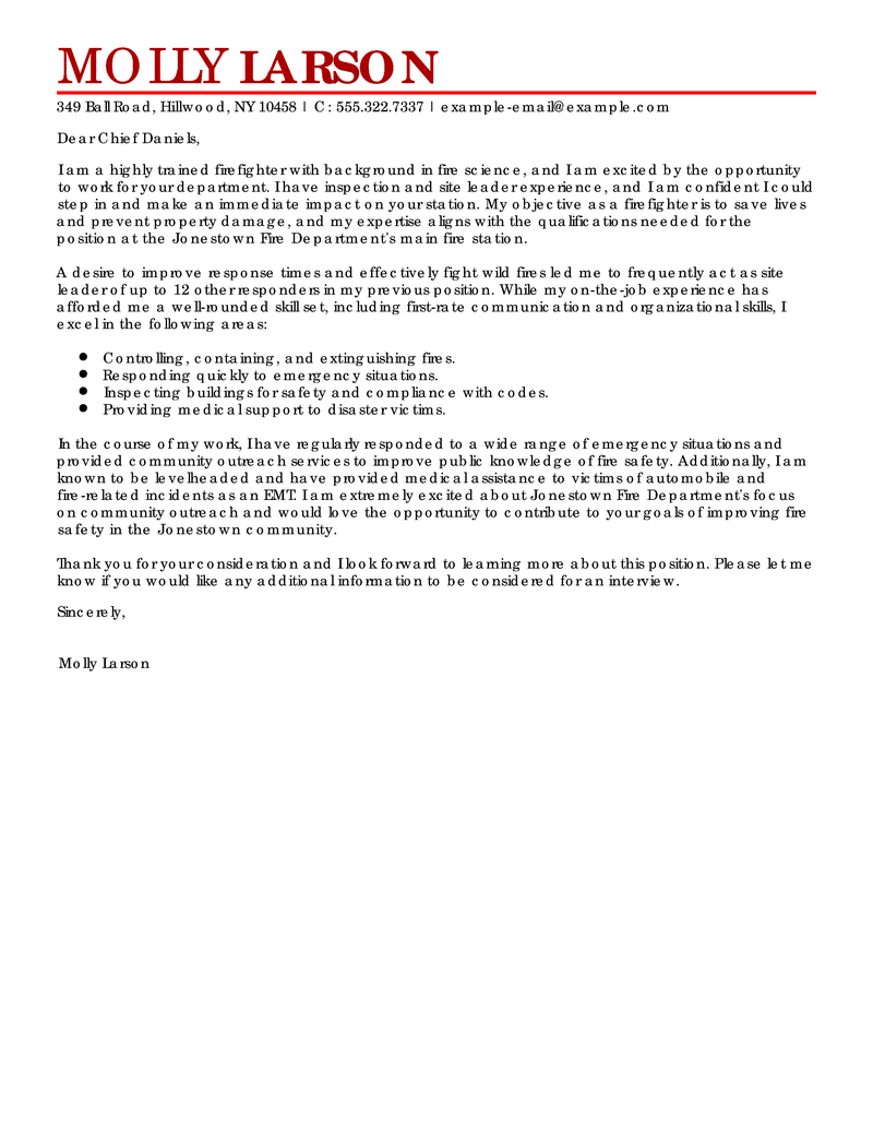 Best Firefighter Cover Letter Examples Livecareer inside measurements 800 X 1035