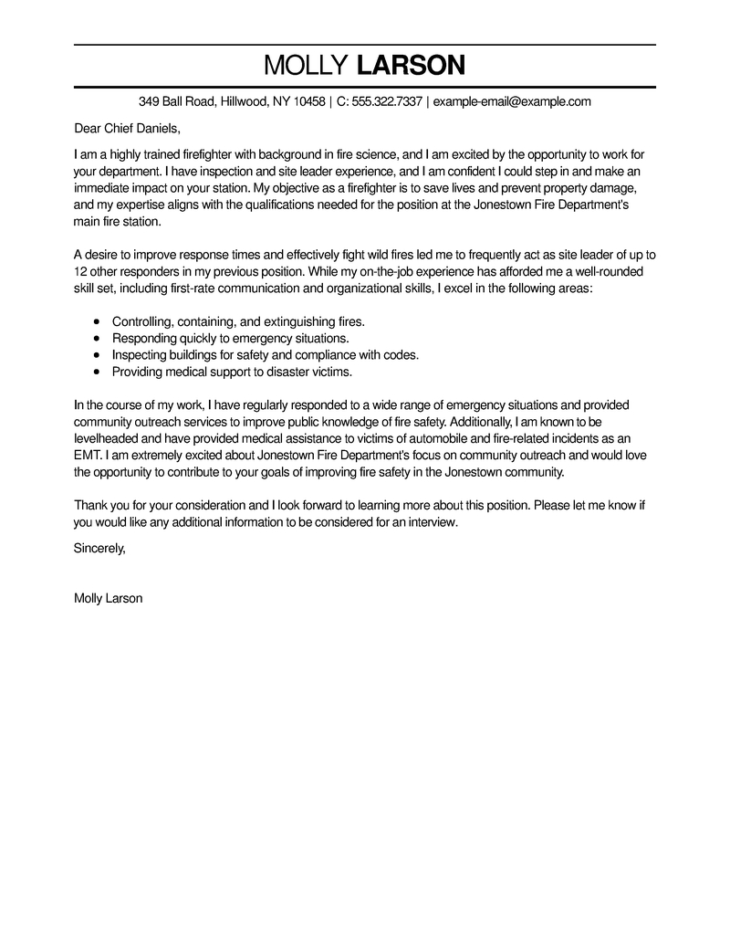 Best Firefighter Cover Letter Examples Livecareer pertaining to size 800 X 1035