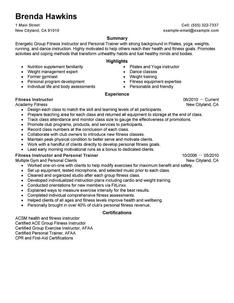 Best Fitness And Personal Trainer Resume Example Livecareer intended for proportions 800 X 1035