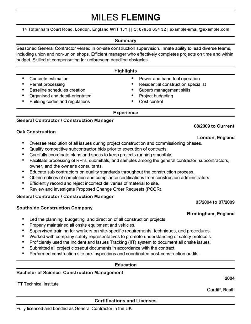 Best General Contractor Resume Example Livecareer inside measurements 800 X 1035