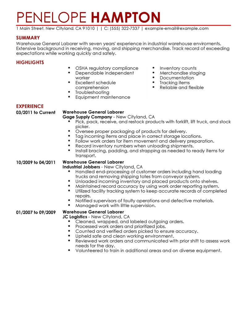 Best General Labor Resume Example Livecareer inside dimensions 800 X 1035