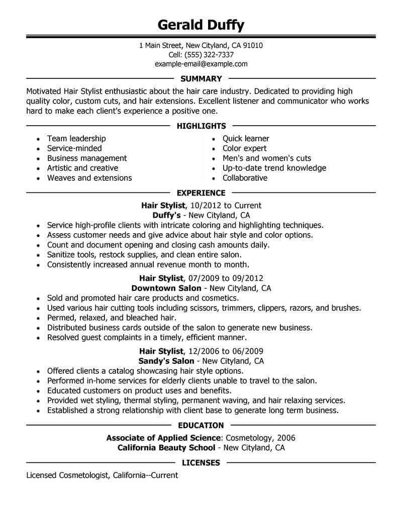 Best Hair Stylist Resume Example Livecareer with sizing 800 X 1035