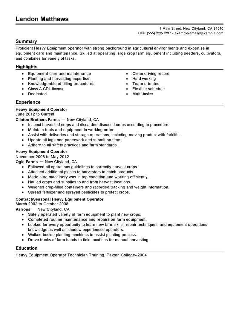 Best Heavy Equipment Operator Resume Example Livecareer regarding size 800 X 1035