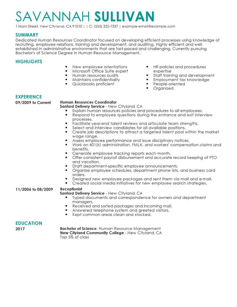 Best Hr Coordinator Resume Example Livecareer with sizing 800 X 1035