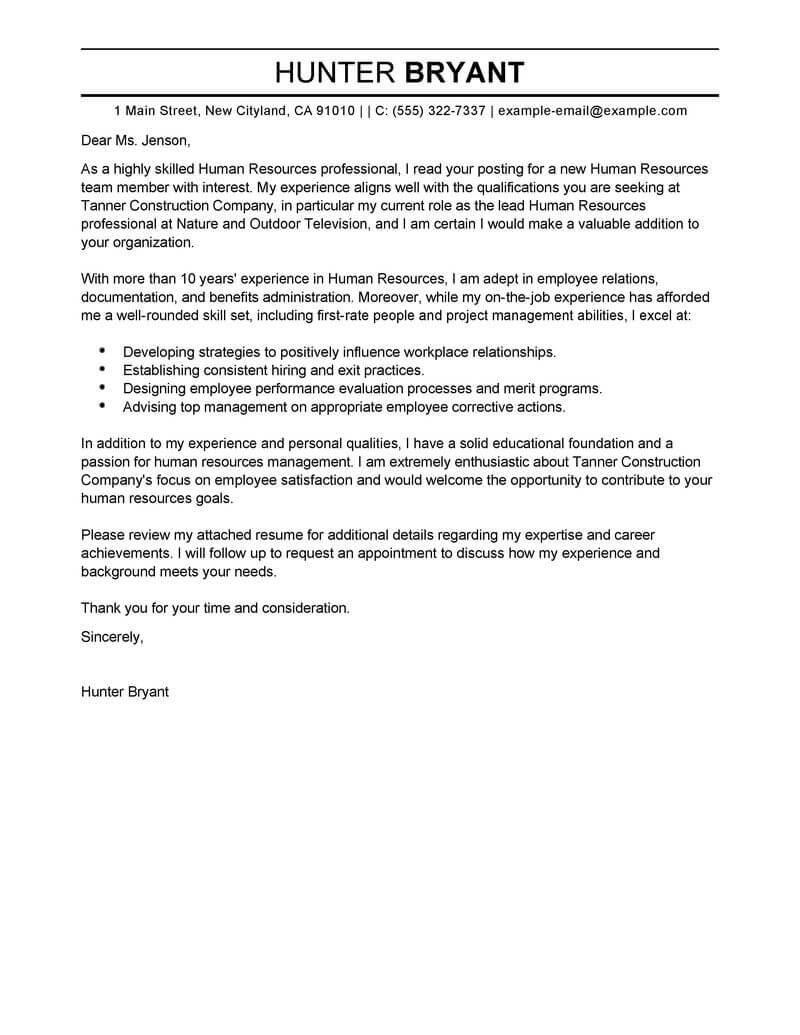 Best Human Resources Cover Letter Examples Livecareer with sizing 800 X 1035