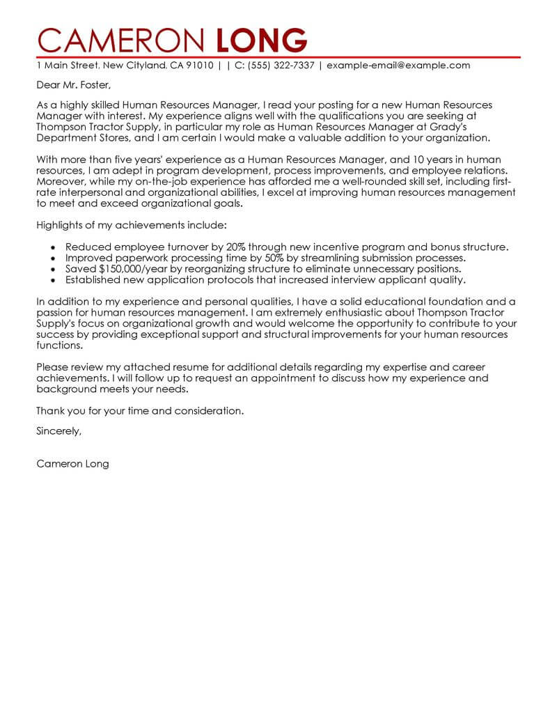 Best Human Resources Manager Cover Letter Examples Livecareer with size 800 X 1035