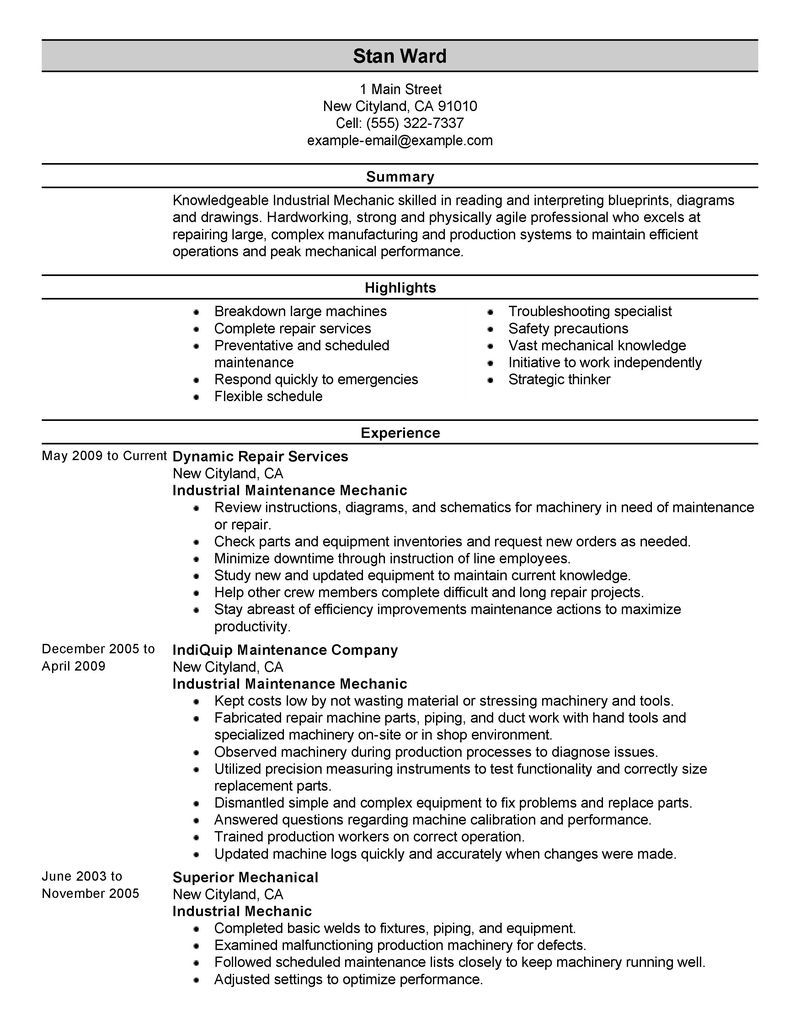 Best Industrial Maintenance Mechanic Resume Example Job regarding proportions 800 X 1035