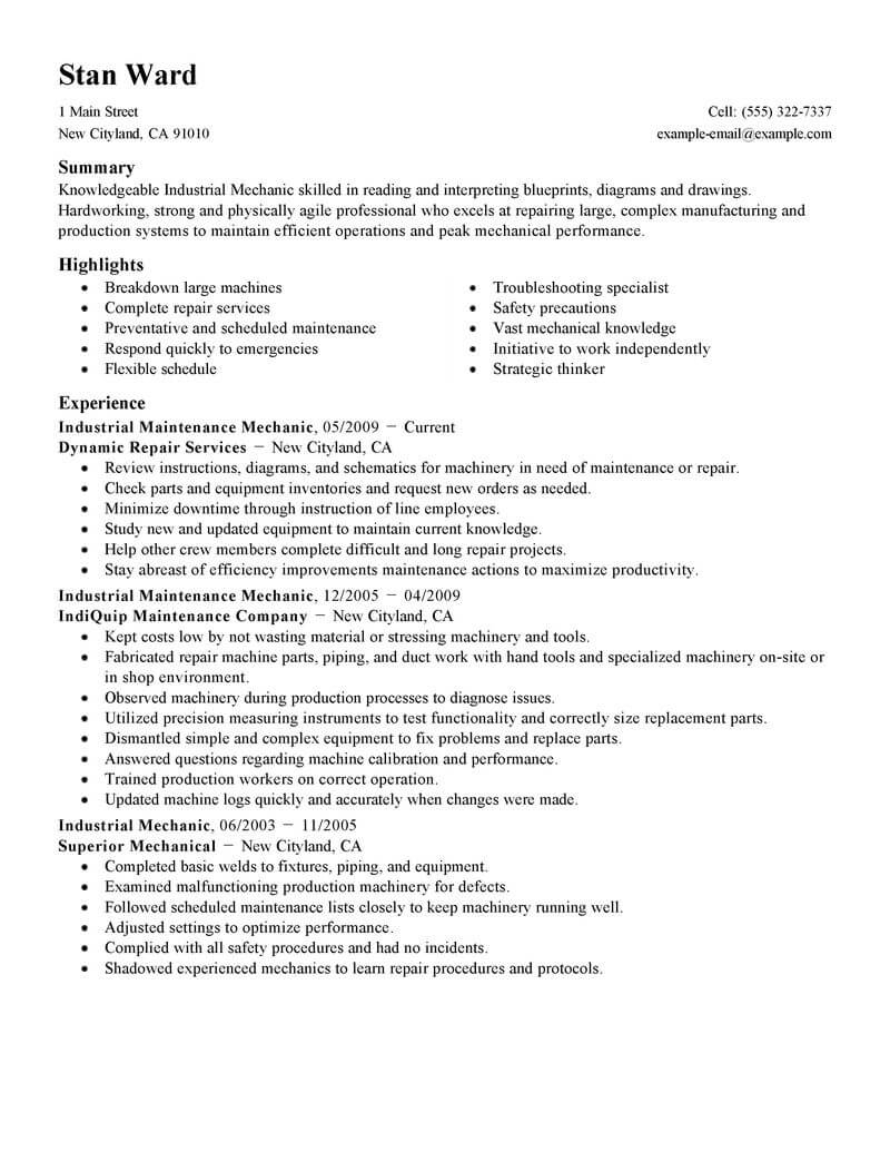 Best Industrial Maintenance Mechanic Resume Example Livecareer in proportions 800 X 1035