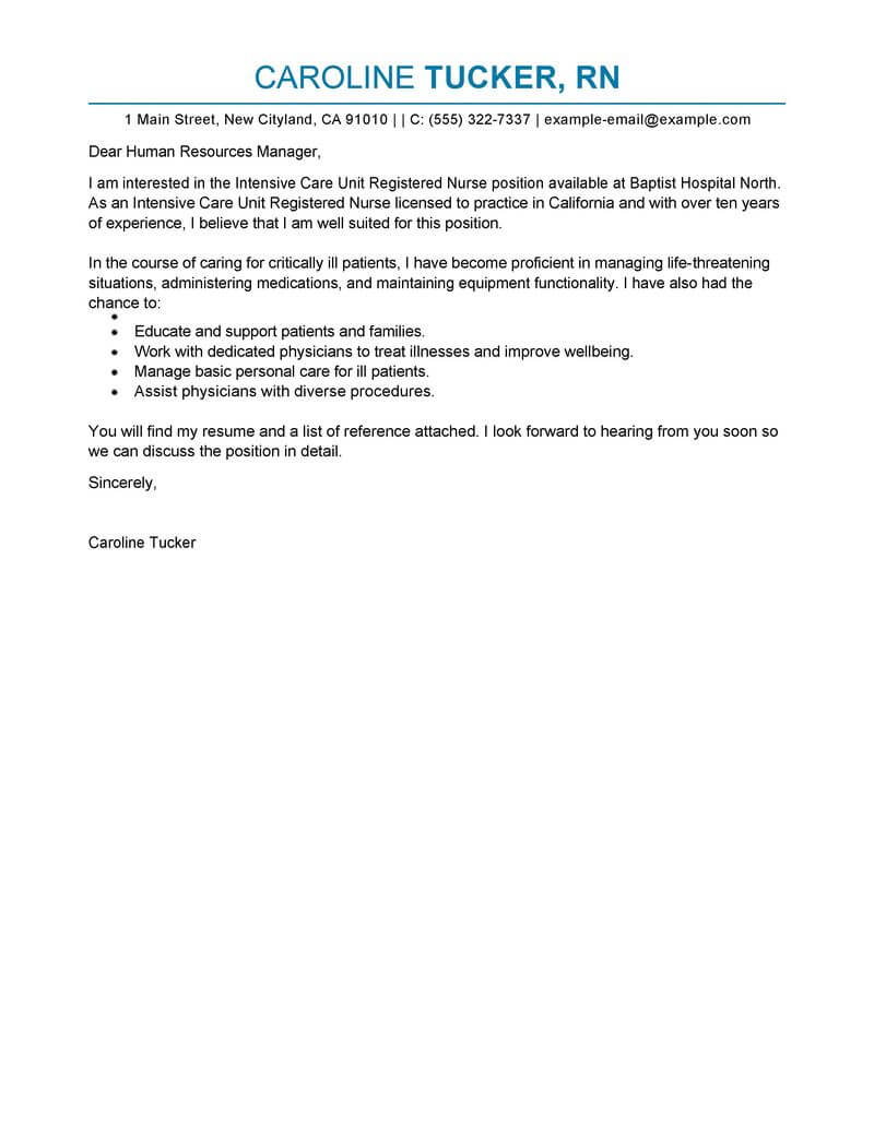 Best Intensive Care Unit Registered Nurse Cover Letter pertaining to proportions 800 X 1035