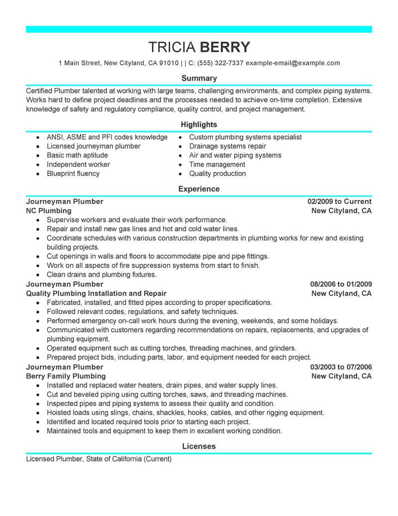 Best Journeymen Plumbers Resume Example Livecareer with measurements 800 X 1035