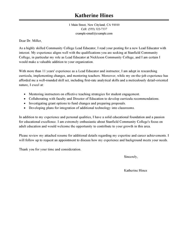 Best Lead Educator Cover Letter Examples Livecareer regarding size 800 X 1035