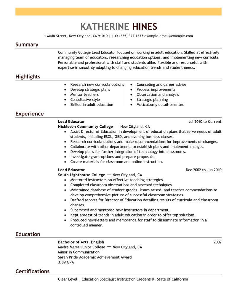 Best Lead Educator Resume Example Livecareer in proportions 800 X 1035