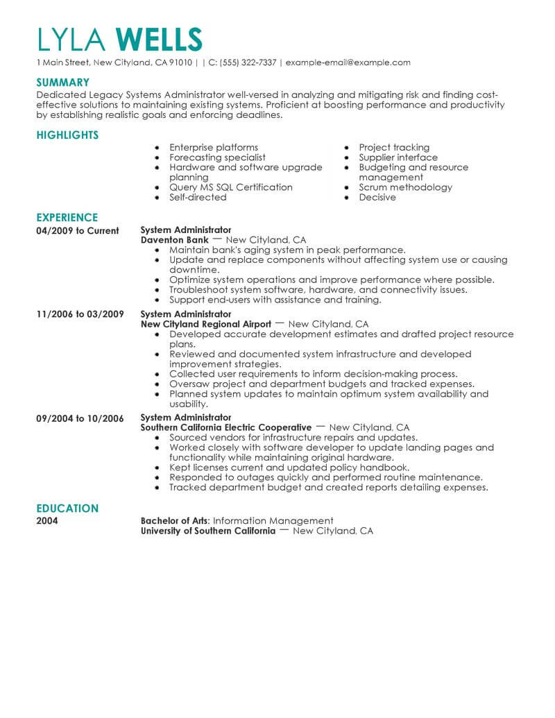 Best Legacy Systems Administrator Resume Example Livecareer in measurements 800 X 1035