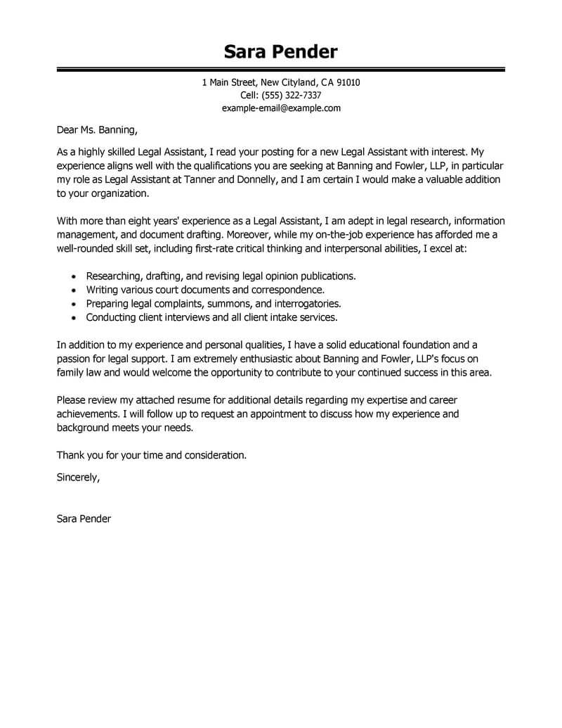 Best Legal Assistant Cover Letter Examples Livecareer with regard to size 800 X 1035