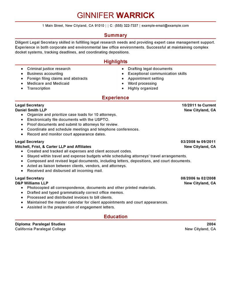 Best Legal Secretary Resume Example Livecareer intended for sizing 800 X 1035