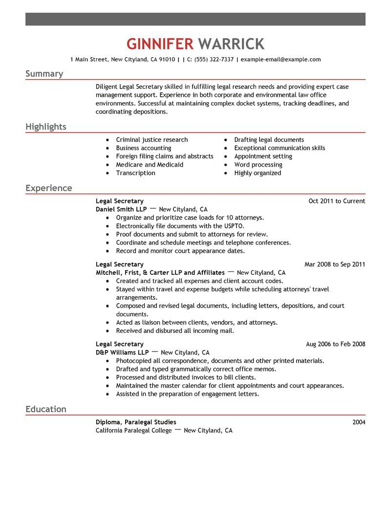 Best Legal Secretary Resume Example Livecareer Job for dimensions 800 X 1035