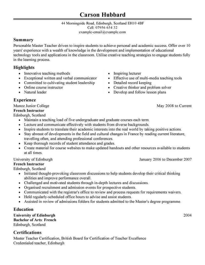 Curriculum Vitae Sample For Masters Application