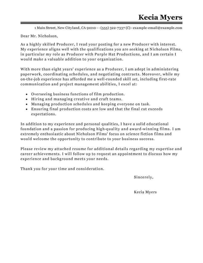 Best Media Entertainment Cover Letter Examples Livecareer throughout size 800 X 1035