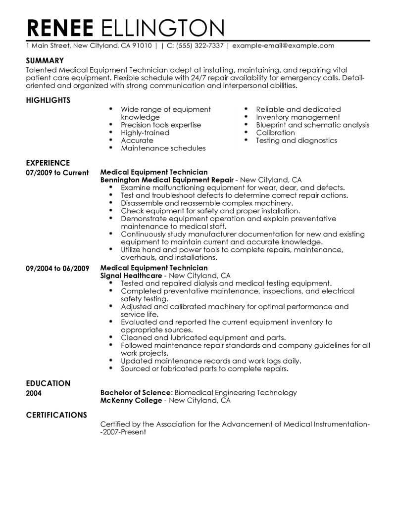 Best Medical Equipment Technician Resume Example Livecareer pertaining to dimensions 800 X 1035