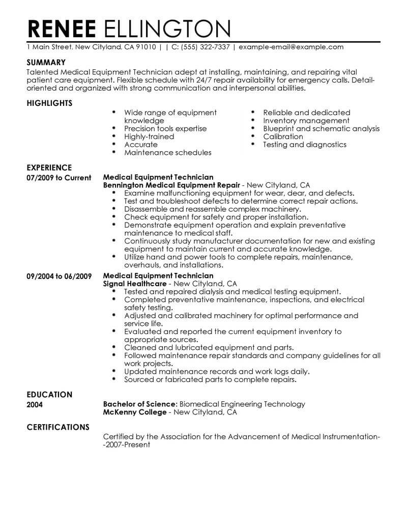 Best Medical Equipment Technician Resume Example Livecareer with regard to sizing 800 X 1035