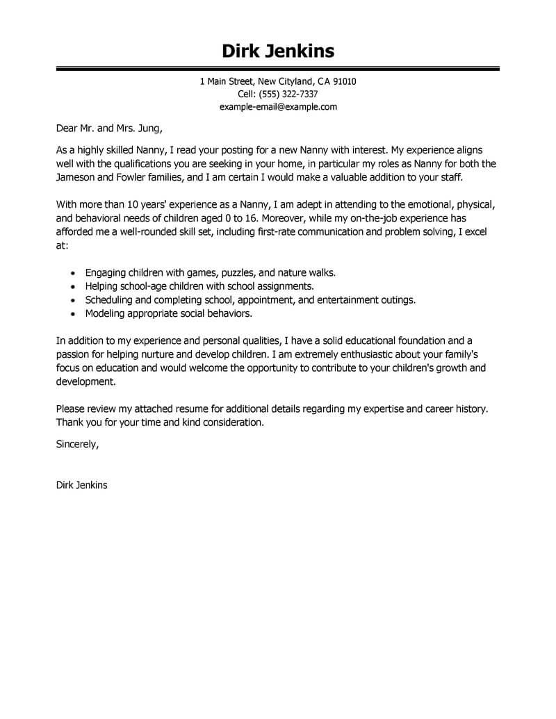Best Nanny Cover Letter Examples Livecareer inside measurements 800 X 1035
