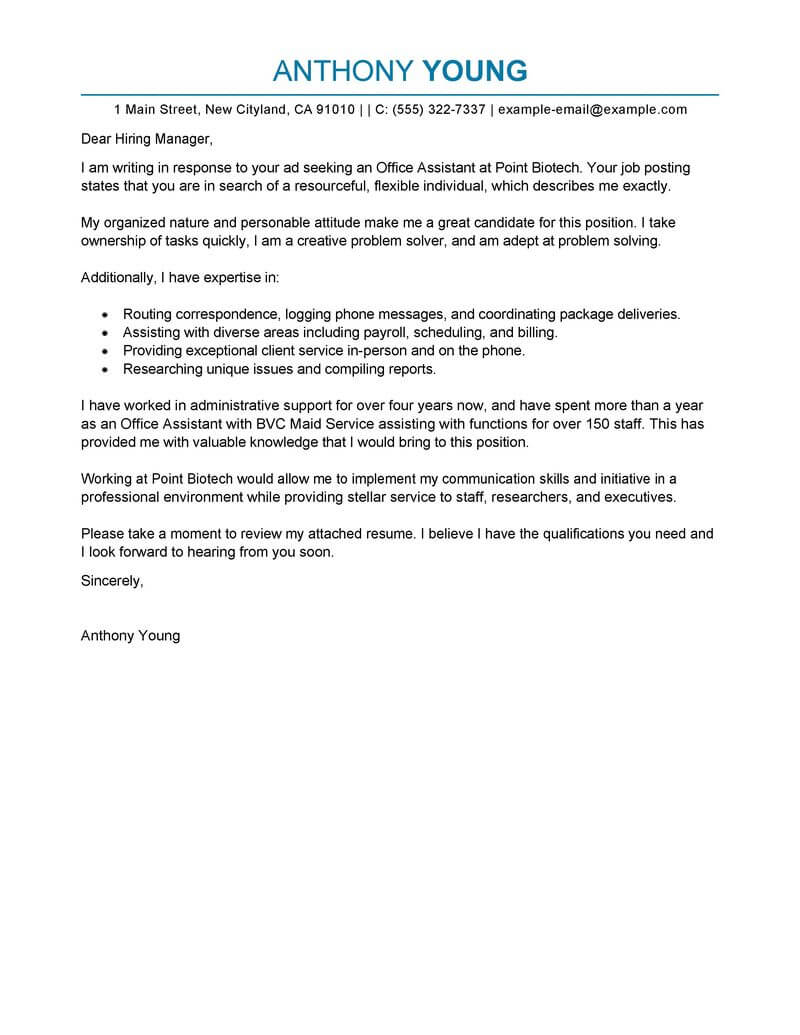 Best Office Assistant Cover Letter Examples Livecareer for dimensions 800 X 1035