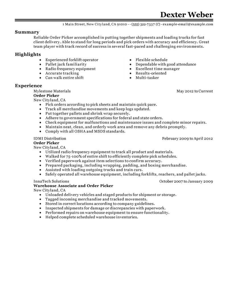 Best Order Picker Resume Example Livecareer inside dimensions 800 X 1035