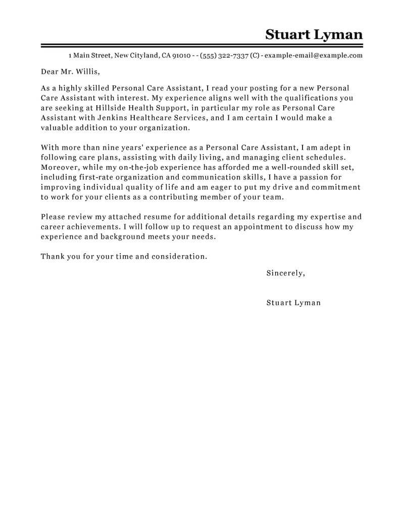 Best Personal Care Assistant Cover Letter Examples Livecareer regarding size 800 X 1035