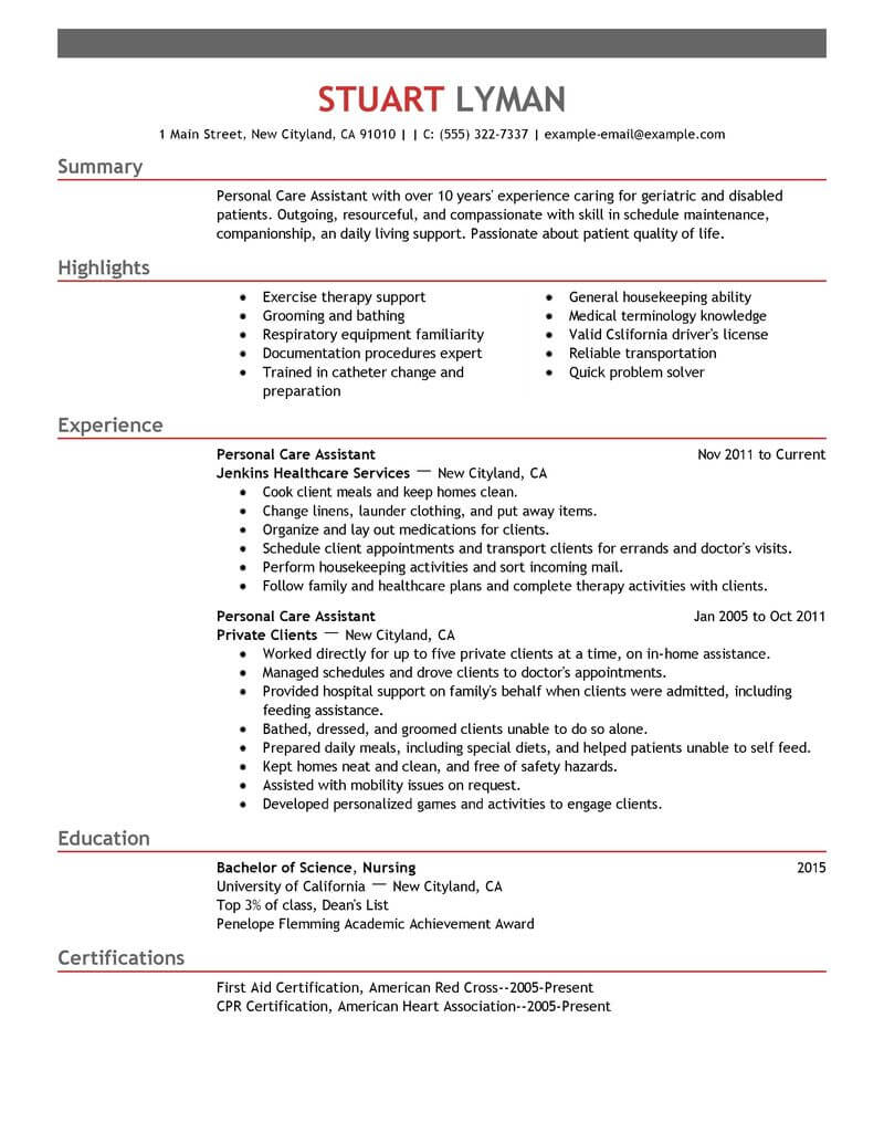 Best Personal Care Assistant Resume Example Livecareer pertaining to size 800 X 1035