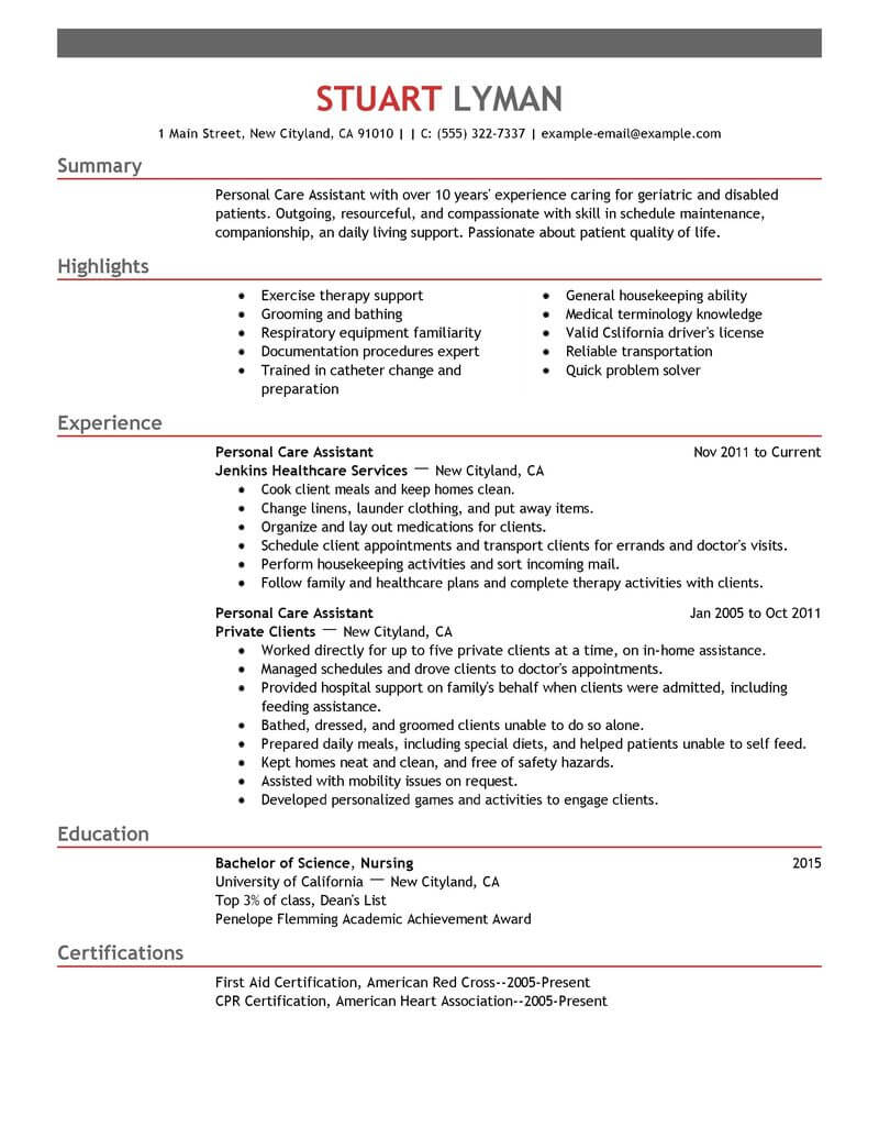 Best Personal Care Assistant Resume Example Livecareer within proportions 800 X 1035