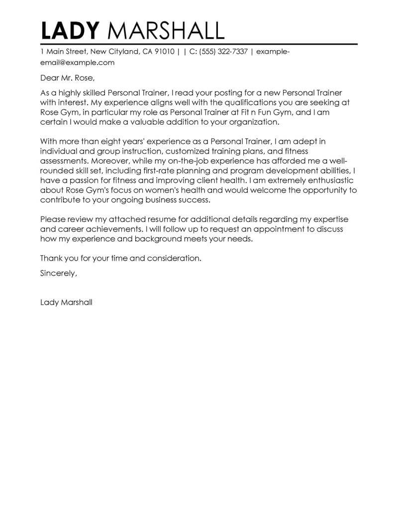 Best Personal Trainer Cover Letter Examples Livecareer with proportions 800 X 1035