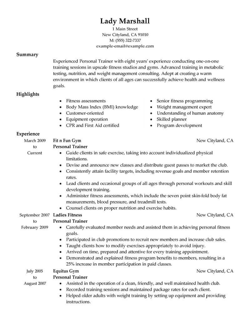 Best Personal Trainer Resume Example Livecareer with sizing 800 X 1035