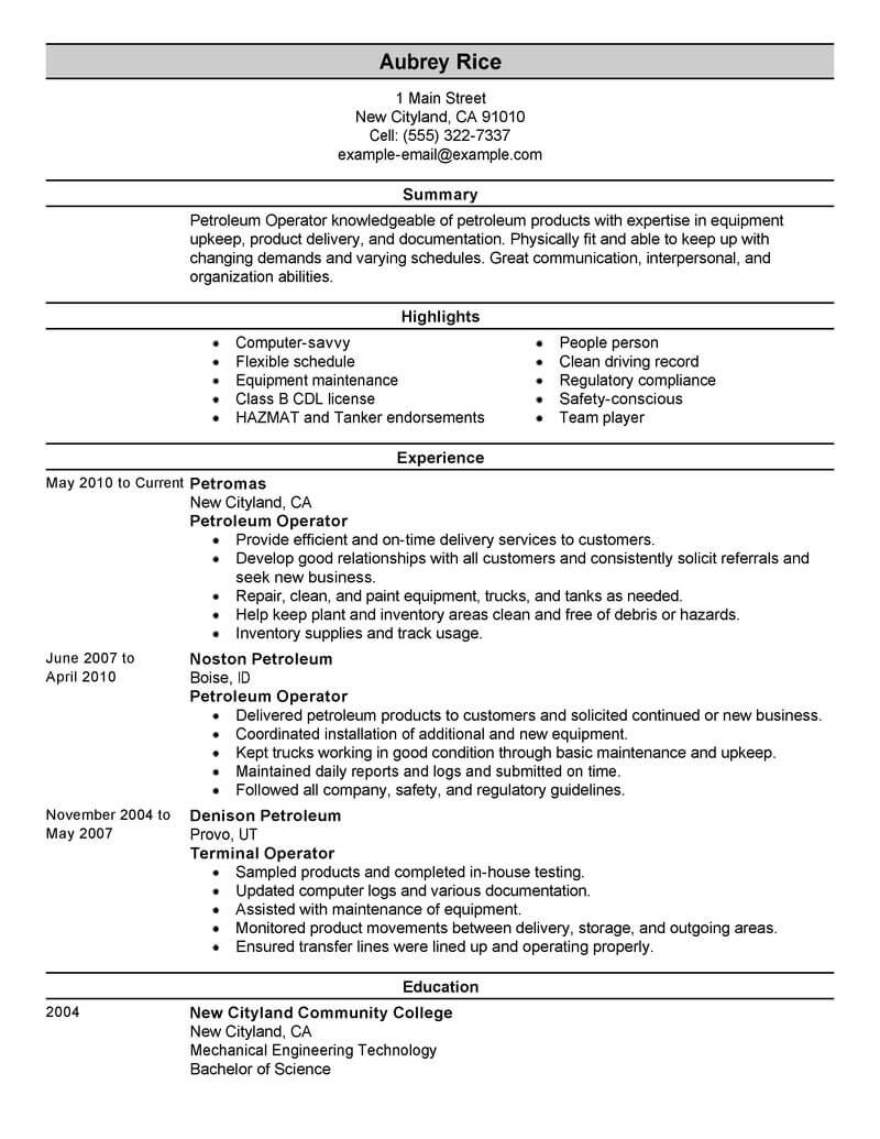 Best Petroleum Operator Resume Example Livecareer inside measurements 800 X 1035