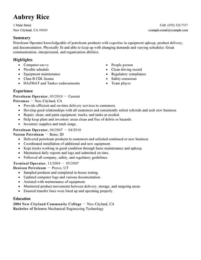 Best Petroleum Operator Resume Example Livecareer within measurements 800 X 1035