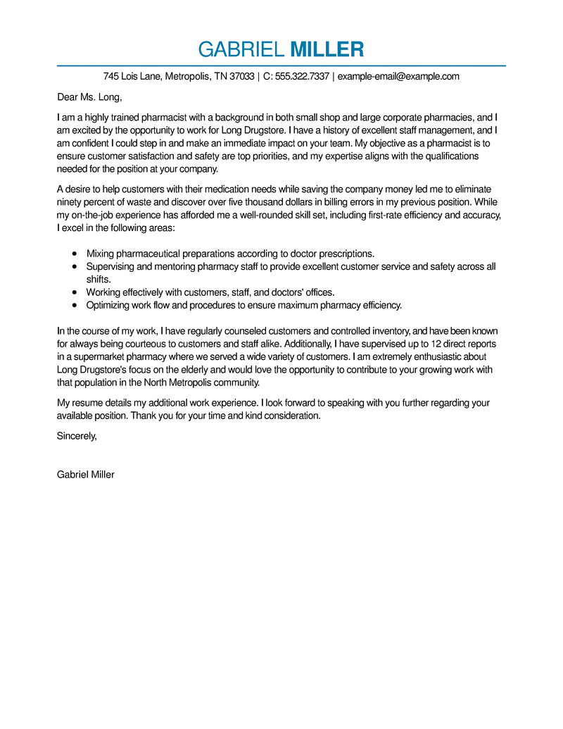Best Pharmacist Cover Letter Examples Livecareer with size 800 X 1035