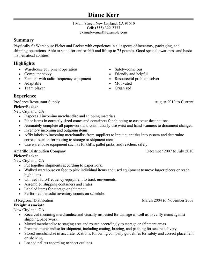 Best Picker And Packer Resume Example Livecareer throughout measurements 800 X 1035