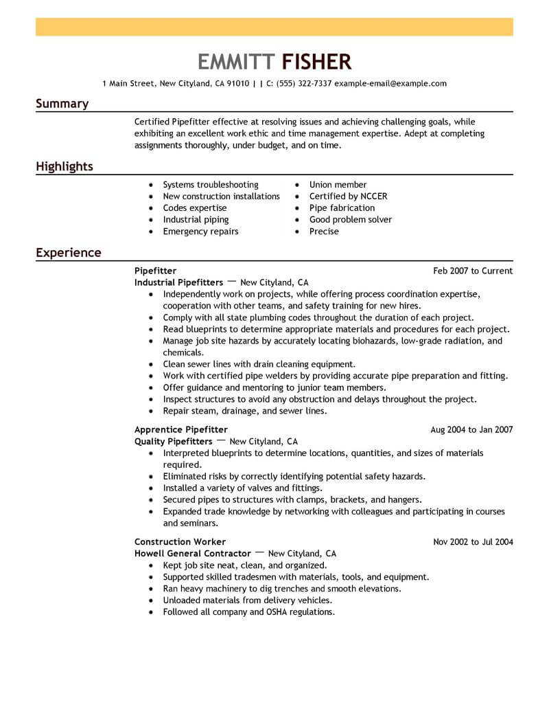 Best Pipefitter Resume Example Livecareer within sizing 800 X 1035