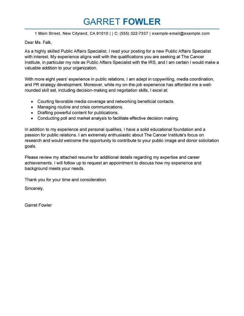 Best Public Affairs Specialist Cover Letter Examples throughout size 800 X 1035