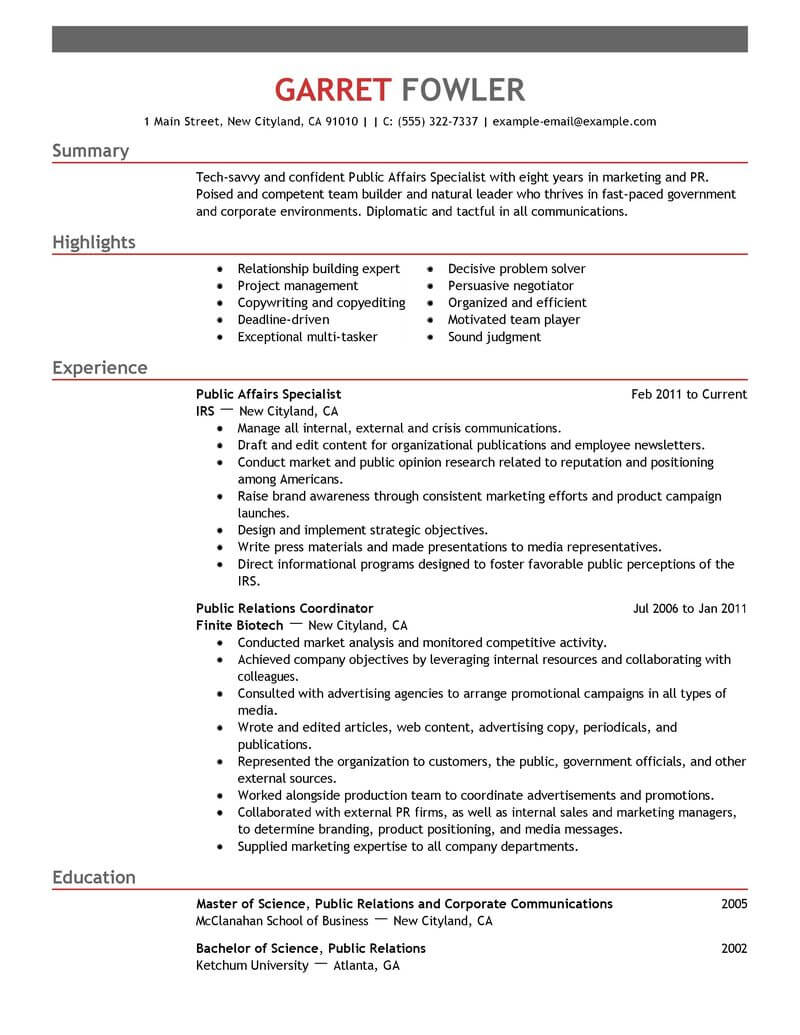Best Public Affairs Specialist Resume Example Livecareer throughout size 800 X 1035