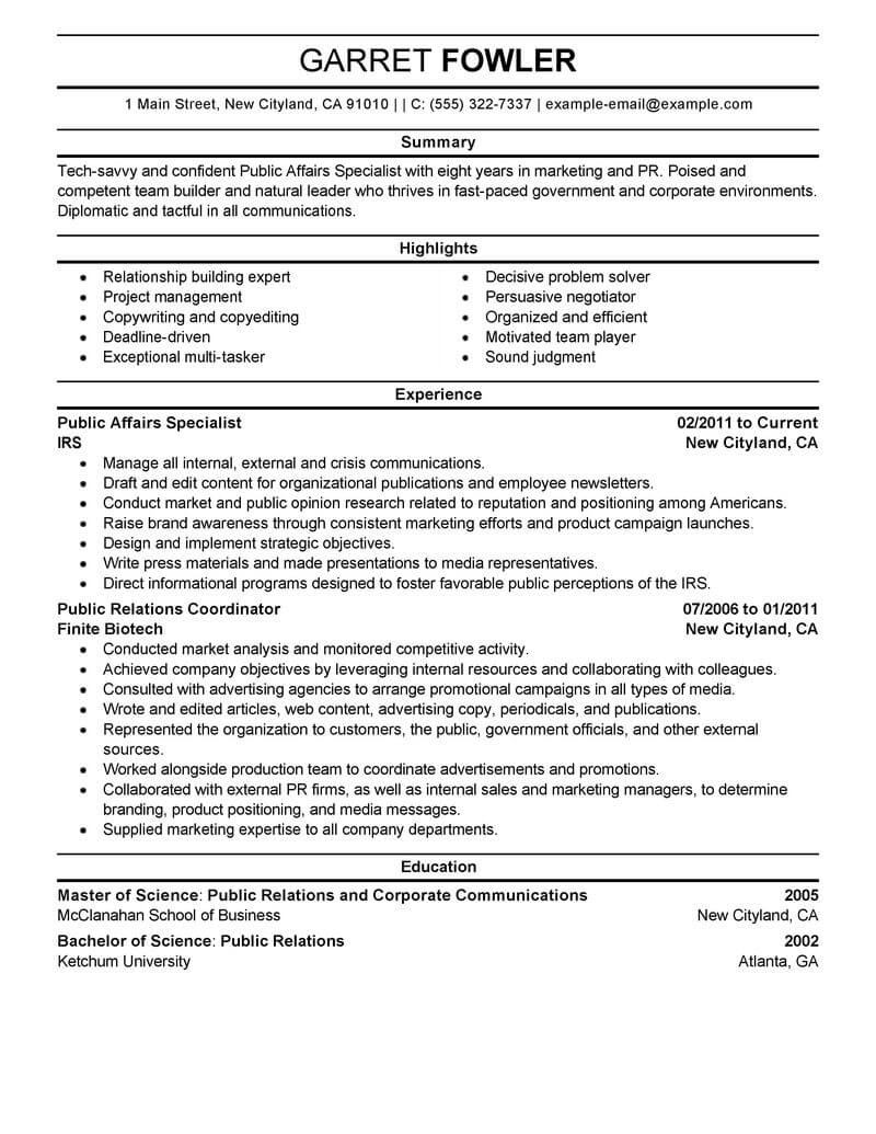 Best Public Affairs Specialist Resume Example Livecareer with measurements 800 X 1035