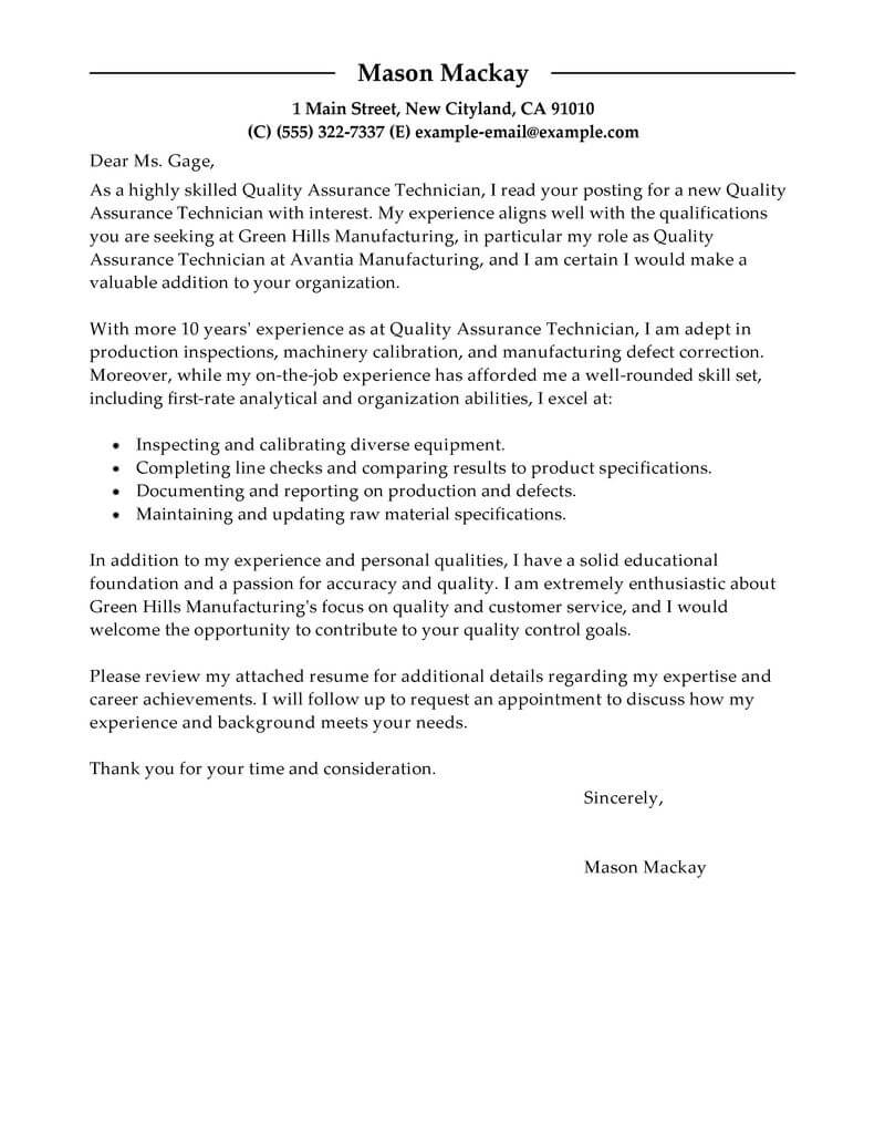 Best Quality Assurance Cover Letter Examples Livecareer for measurements 800 X 1035