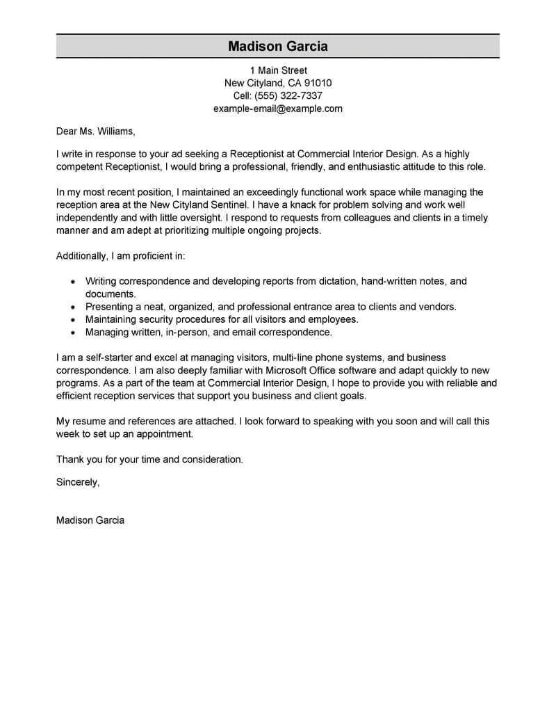 Best Receptionist Cover Letter Examples Livecareer in proportions 800 X 1035