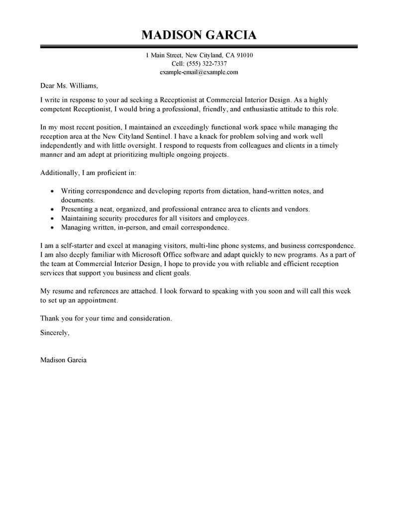 Best Receptionist Cover Letter Examples Livecareer within measurements 800 X 1035