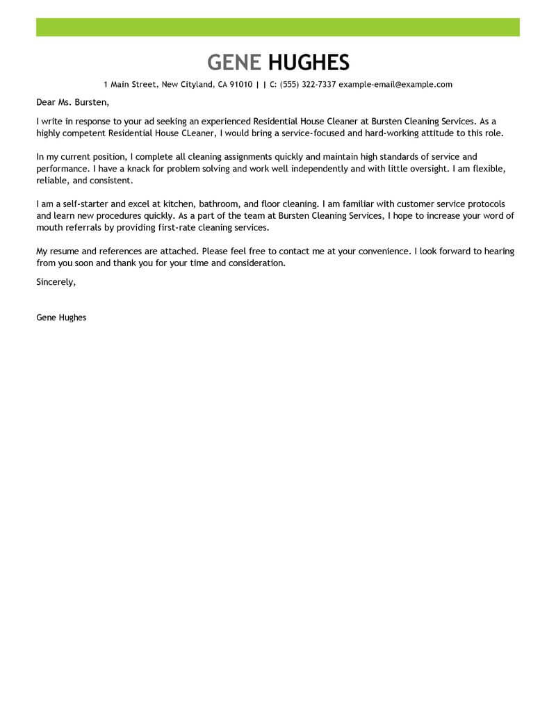 Best Residential House Cleaner Cover Letter Examples within proportions 800 X 1035