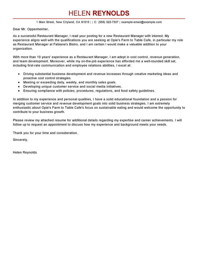 Best Restaurant Manager Cover Letter Examples Livecareer intended for measurements 800 X 1035