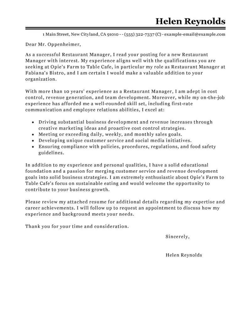 Best Restaurant Manager Cover Letter Examples Livecareer pertaining to proportions 800 X 1035