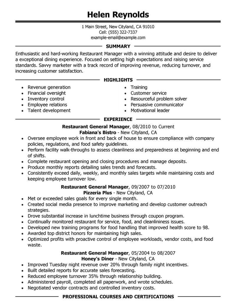 Best Restaurant Manager Resume Example Livecareer within size 800 X 1035