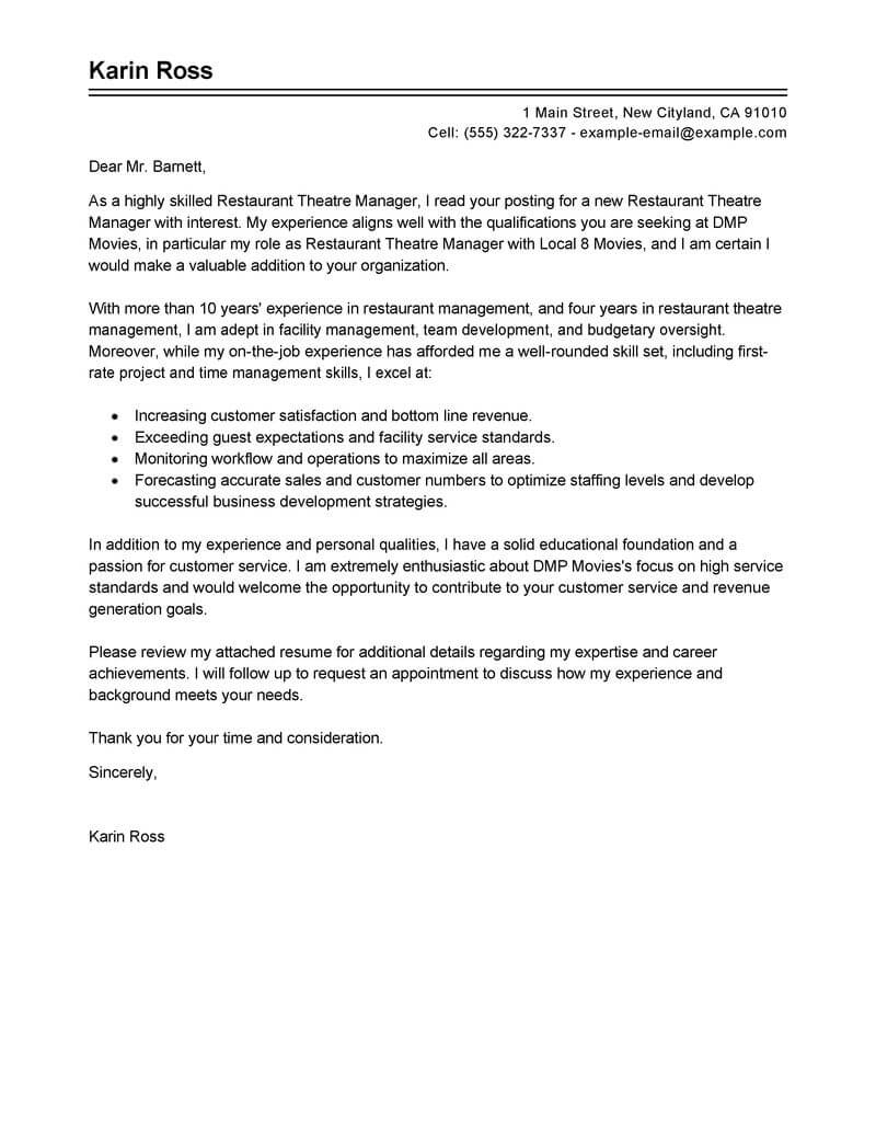 Best Restaurant Theatre Manager Cover Letter Examples with proportions 800 X 1035
