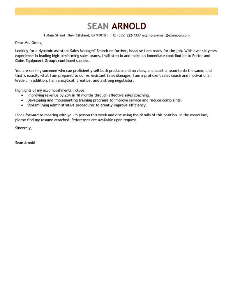 Best Sales Assistant Manager Cover Letter Examples Livecareer for size 800 X 1035